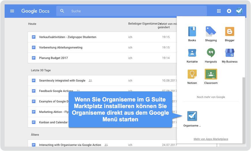 Integration in Google App Menü