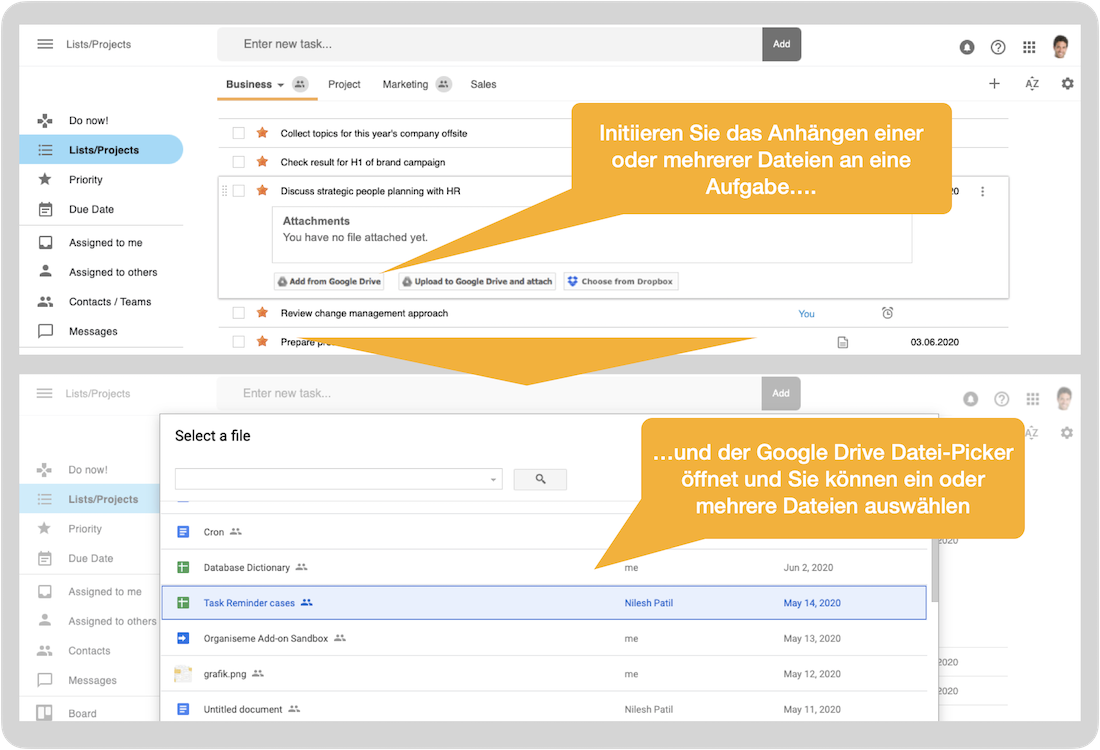 Anhängen von in Google Drive bespeicherten Dateien an Aufgaben