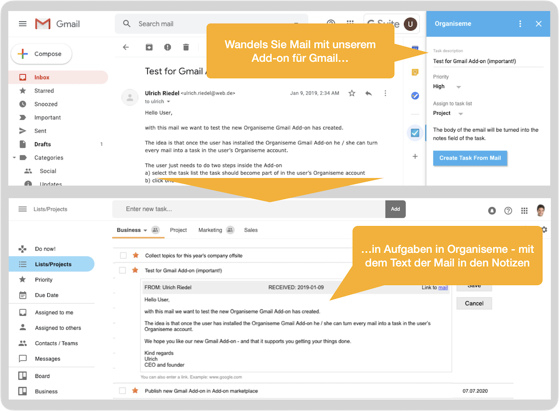 Organiseme add-on für Gmail