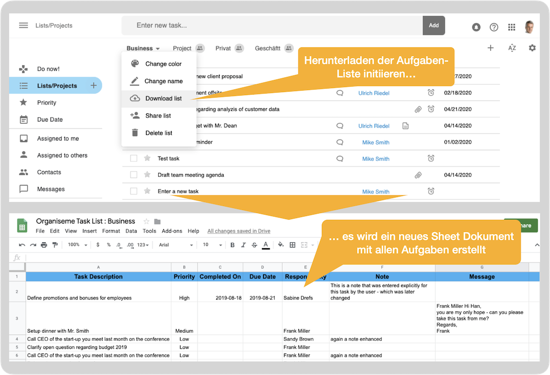 Aufgabenliste nach Google Sheet herunterladen