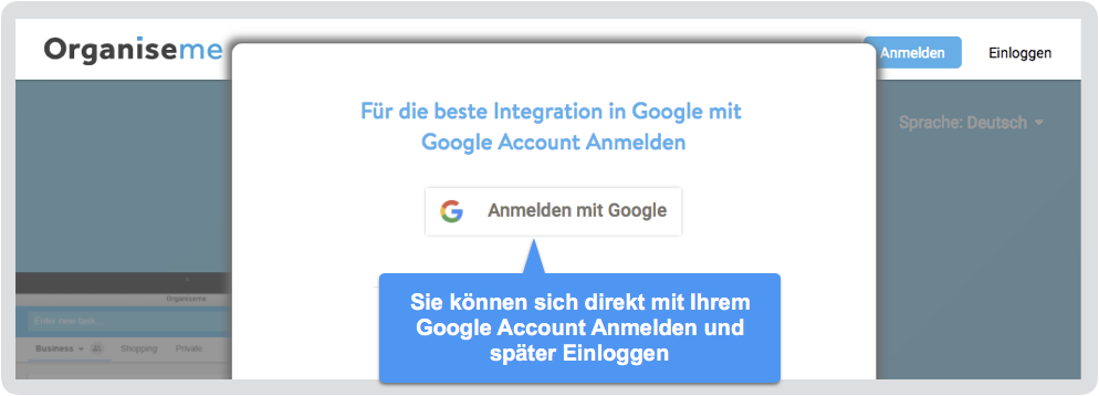 Anmeldung mittels Google Account
