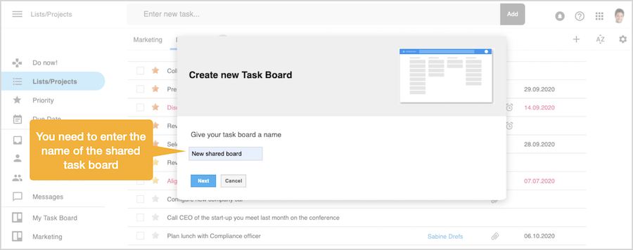 Enter the name of the new task board in the diaplog box