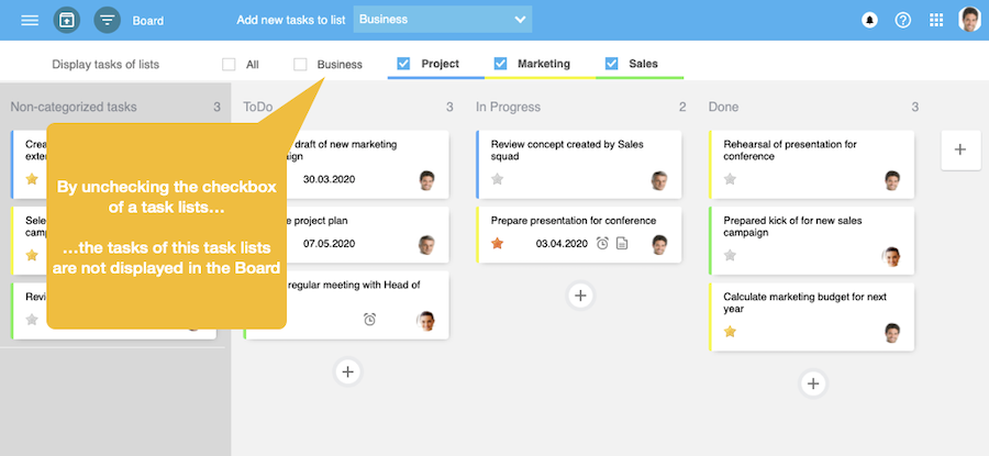 My Task Board with task list filter - several task lists selected
