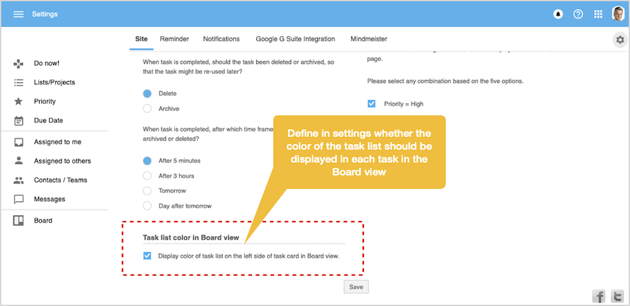 Settings for the task list color displayed in Board view