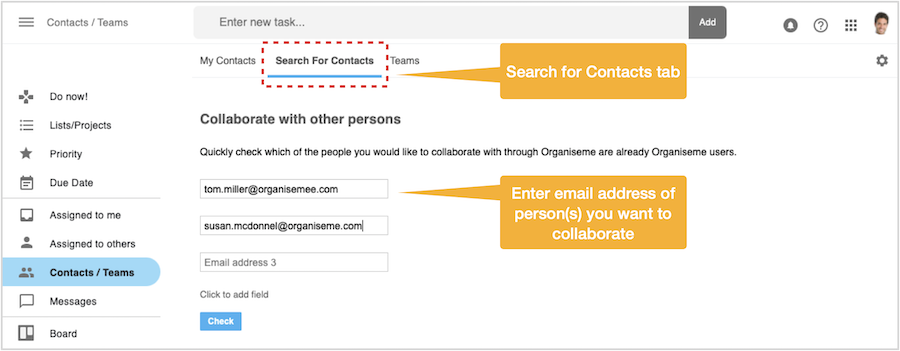 Enter email addresses to search in user base
