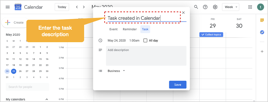 Create task in Google Calendar - add title