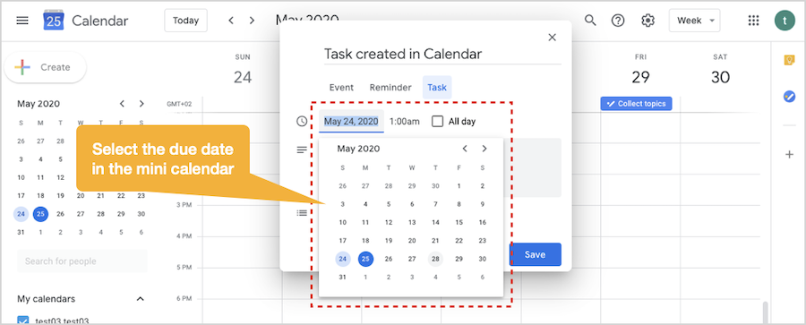 Create task in Google Calendar - set due date