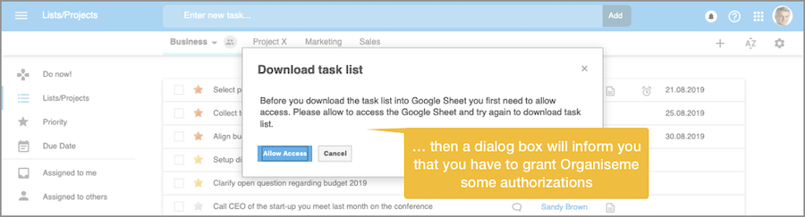 Granting Organiseme permission to create spreadsheet in Google Drive - Step 1