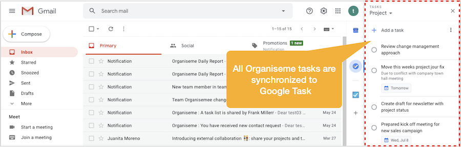 Organiseme task synchronized to Google Task