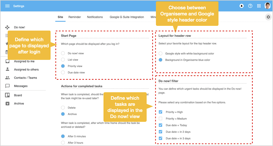 Site settings page