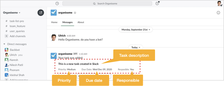 A task created in Slack displayed in Slack