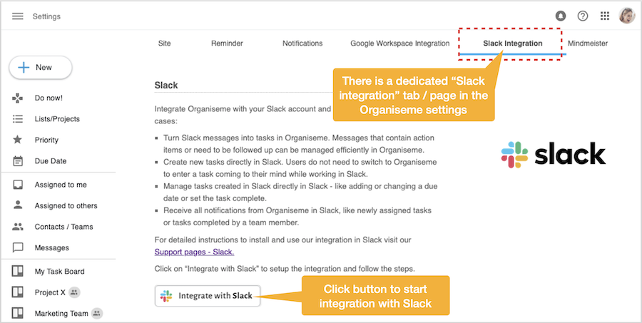 Integration with Slack from Organiseme settings page