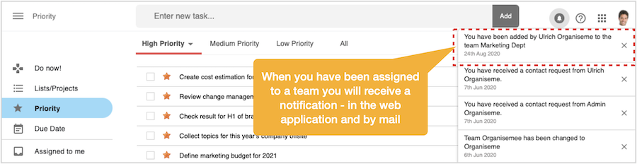Get notification about assignment to team in web application