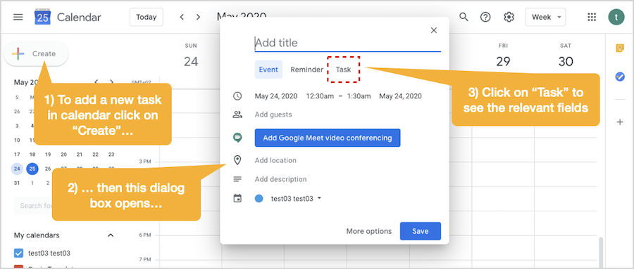 initiate to create a task in Google Calendar