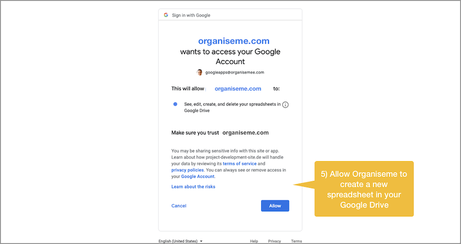 Granting Organiseme permission to create spreadsheet in Google Drive - Step 3