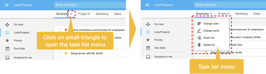 Task list menu