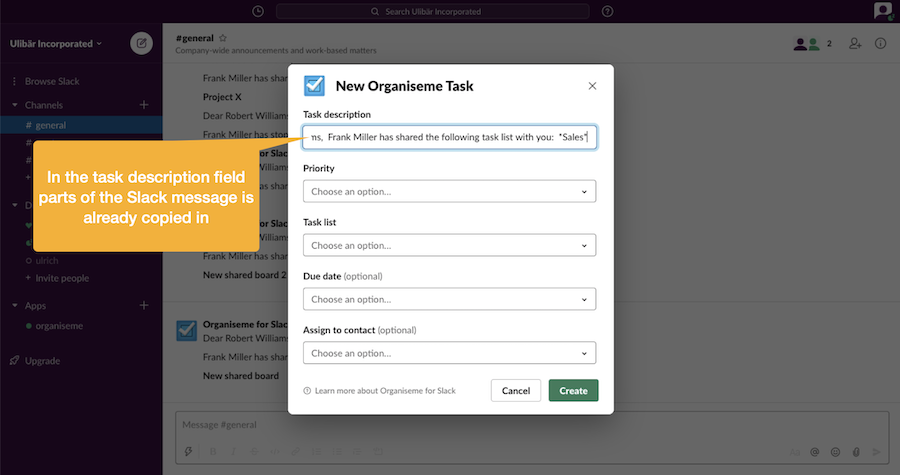 Dialog box for entering mandatory and optional data for the task